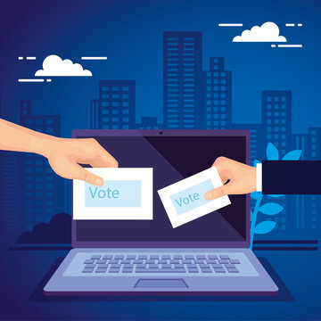 hand with laptop computer for vote online vector illustration design