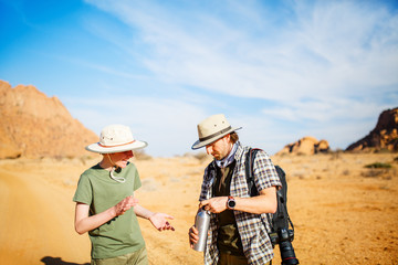 Family hiking in Spitzkoppe Namibia