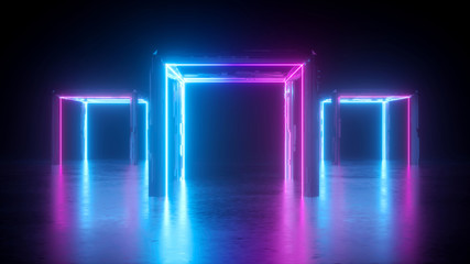 3d abstract neon background, square arch, pink blue glowing lines, futuristic gates construction,...