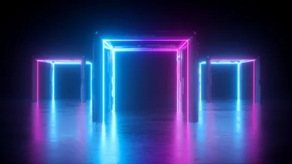 Fotobehang 3d abstract neon background, square arch, pink blue glowing lines, futuristic gates construction, reflection © NeoLeo
