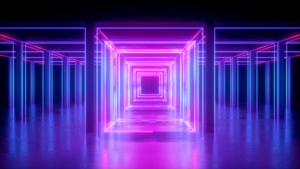 Obraz premium 3d render, abstract neon background, pink glowing lines, square shape, corridor, ultraviolet light, virtual reality space