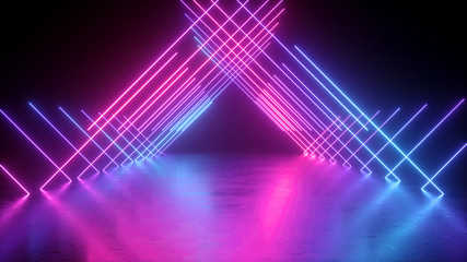 3d render, abstract futuristic neon background, glowing lines, triangular tunnel, corridor,...