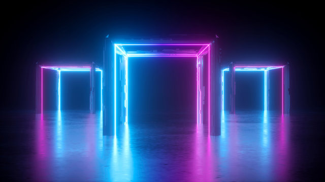 3d abstract neon background, square arch, pink blue glowing lines, futuristic gates construction, reflection