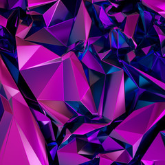 3d render, abstract purple crystal background, polygonal faceted structure, metallic texture, iridescent crystallized wallpaper, crumpled holographic foil, neon spectrum, vivid palette