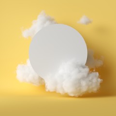 3d render, white fluffy clouds flying around empty round frame. Modern minimal design. Blank banner board, copy space. Objects isolated on yellow background, abstract metaphor - obrazy, fototapety, plakaty