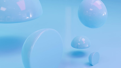Abstract cyan blue spheres sliced in half with glossy surface, on white matte background 3d illustration render