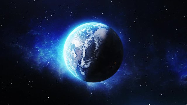 Aerial view from space to planet the Earth, stars of Milky Way Galaxy. Animation of the earth's inner layers core 3D
