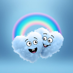 3d render, heart with happy faces, cartoon characters, blue cotton cloud mascot, soulmates, rainbow, happy lgbt couple, homosexual love, clip art isolated on blue background. Kawaii illustration