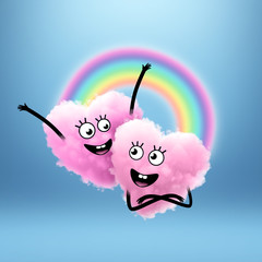 3d render, heart with happy faces, cartoon characters, pink cotton cloud mascot, soulmates, rainbow, happy lgbt couple, homosexual love, clip art isolated on blue background. Kawaii illustration