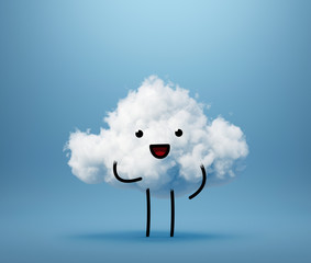 3d render, cute white cotton cloud character, smiling mascot isolated, blue background. Happy emotion. Facial expression. Funny little guy looking at camera. Weather forecast icon. Kawaii illustration