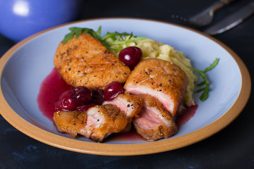 Duck breast with cherry wine sauce and mashed potato