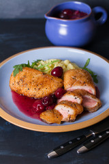 Duck breast with cherry wine sauce and mashed potato