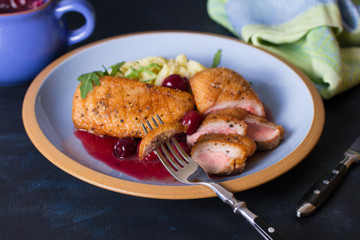 Duck breast with cherry wine sauce and mashed potato