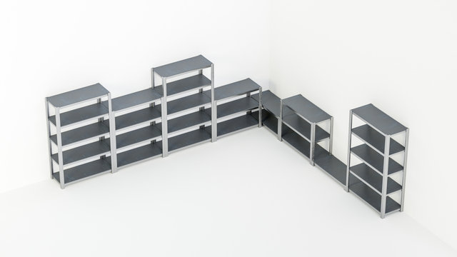 3D image isometric view of supermarket warehouse racks staying in a row on white isolated background