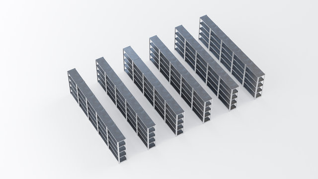 3D isometric image of supermarket warehouse racks staying in a rows on white isolated background.