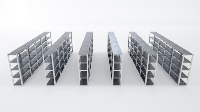 3D image of supermarket warehouse racks staying in a six rows on white isolated background