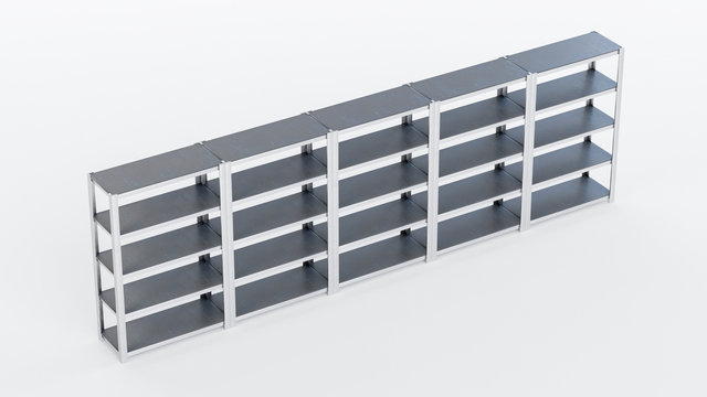 3D isometric image of supermarket warehouse racks staying in a row on white isolated background.