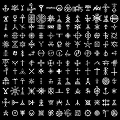Big set of esoteric symbol and alphabet on the theme of mysticism and magic. Inspired by super natural religion and the occultism. Medieval Masonic imaginary manuscript with letters sketches. Vector.