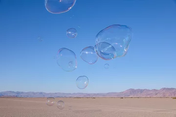 Fotobehang Group of large soap bubble floating above Alvord desert with Steens mountains in the background © Dmitry