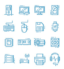 Set of computer component icons with outline style.