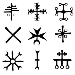 Futhark Norse island and Viking symbol set. Imaginary magic letters in hand drawing and writing symbols. Inspired by ancient Iceland and ethnic Norse Viking. Vector