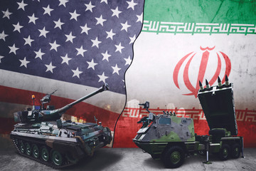 Tank and missile carrier in USA and Iran flags