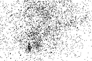 Abstract grainy texture isolated on white background. Top view. Dust, sand blow or bread crumbs. Silhouette of food flakes such as salt or almond or wheat flour spread on the flat surface or table.