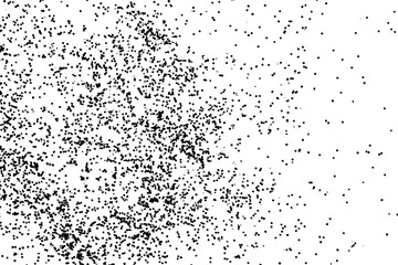 Abstract grainy texture isolated on white background. Top view. Dust, sand blow or bread crumbs. Silhouette of food flakes such as salt or almond or wheat flour spread on the flat surface or table.