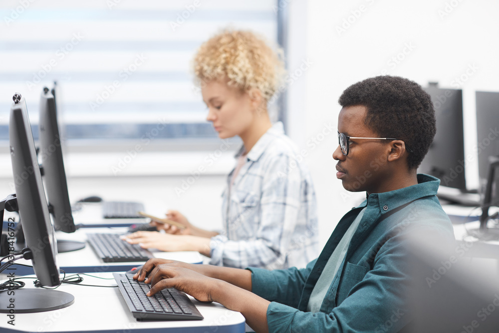 Canvas Prints side view portrait of african-american man using computer in class of college library, copy space