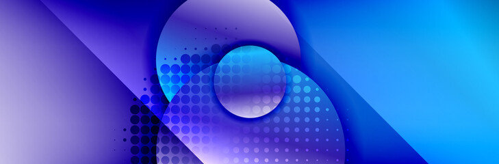 Dynamic trendy geometrical abstract background. Circles, round shapes 3d shadow effects and fluid gradients. Modern overlapping round forms