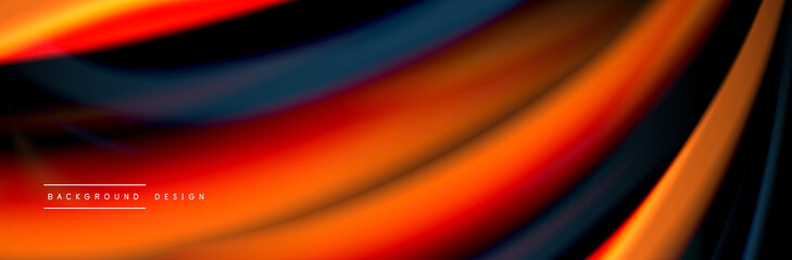 Silk and smooth flow wave poster design. Color waves, liquid style lines and shapes in black color background