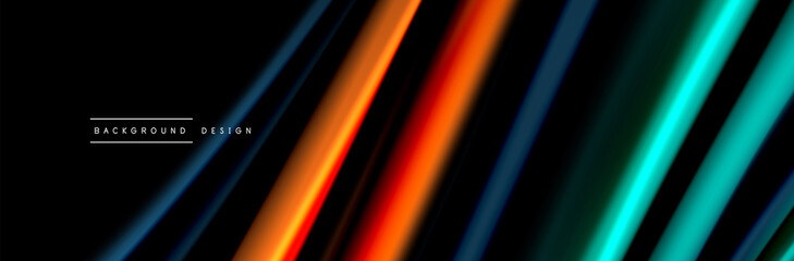 Silk and smooth flow wave poster design. Color waves, liquid style lines and shapes in black color background