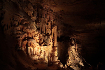 View at stalactites and stalagmites inside Mammoth Cave. Geological structures of various forms and shapes