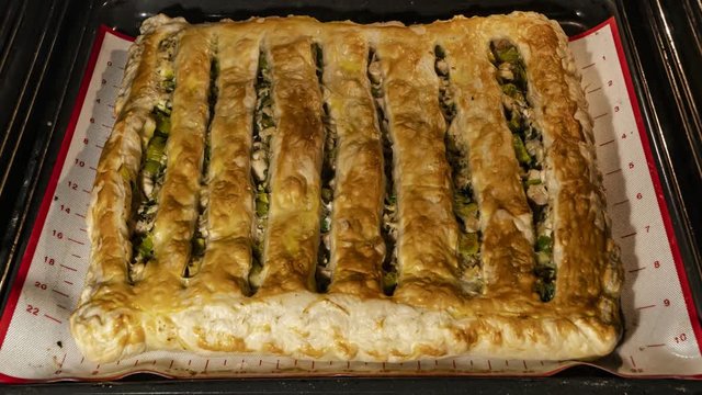 Cooking a pie with chicken and leeks in a home oven, time lapse,