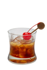 Manhattan cocktail garnished with a cherry.