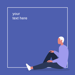 Young male character sitting inside a frame, your text here, design template