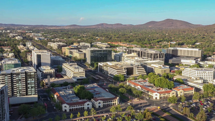 Panoramic aerial view of Canberra City, the capital of Australia, looking north over Northbourne...