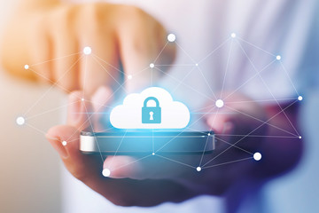 Protection cloud computing and technology network connection concept. Businessman hand holding mobile smart phone cloud server tranfer data device