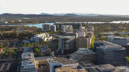 Aerial view of Canberra City, the capital of Australia, looking south toward Lake Burley Griffin...