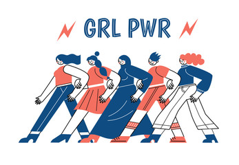 A group of women vector characters go together in a leg. International Women's Day. The struggle of women for their rights.