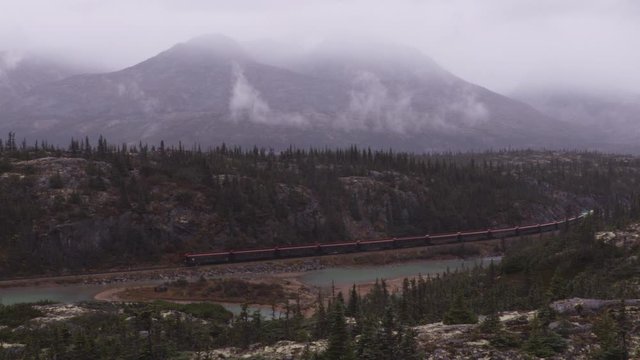 White Pass and Yukon Route Railroad train ride and tourist attraction for cruise ship passengers and tourists on White Pass Summit excursion from Skagway, Alaska, USA to Whitehorse, Yukon, BC, Canada.
