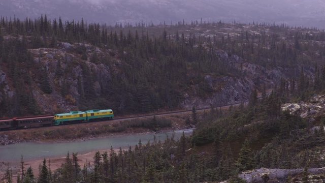 White Pass and Yukon Route Railroad train ride and tourist attraction for cruise ship passengers and tourists on White Pass Summit excursion from Skagway, Alaska, USA to Whitehorse, Yukon, BC, Canada.