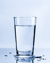 Glass of pure water with water drops on table, Healthcare and beauty hydration concept