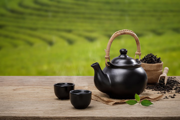 Cup of hot tea with teapot, green tea leaves and dried herbs on the wooden table in plantations...
