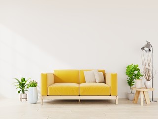 Light green living room interior with Yellow fabric sofa ,lamp and plants on empty.