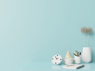 Office desk with equipments on blue work desk.