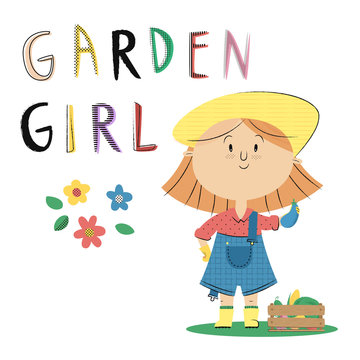 Garden girl farmer with eggplant. Planting vegetables in the garden. Rustic girl and spring work. Blue jumpsuit. Harvest. Cute textured cartoon stile. Type of rural profession. Garden girl lettering