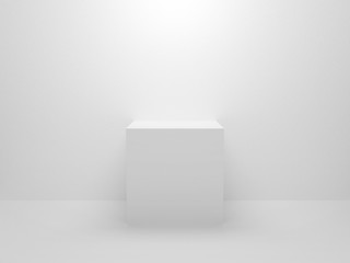 3d exhibition stand. White blank empty podium isolated on gray background for presentation and exposition. Abstract 3d cube for mock up store. Pedestal for display product. Interior stage design.