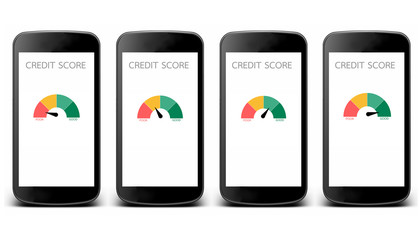 Collection smartphones with gauge credit score app on the screen for text Financial information about the client isolated on white background - Customer credit rating indicate for bank loan