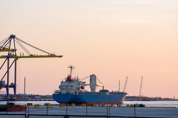 Fototapeta premium Container ship With cranes for loading goods in the port in the evening